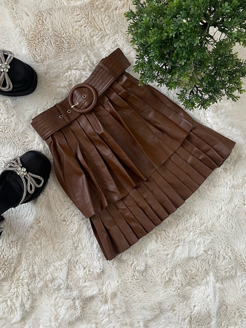 Zara Brown Faux Leather Pleated Tiered Mini Skirt with Belt Size XS